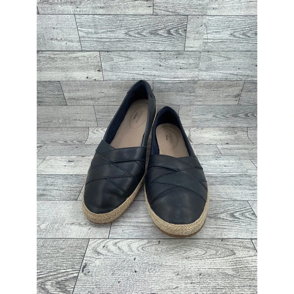 Clarks Collection Navy Blue Leather Espadrille Flats Ultimate Comfort Women Sz 9